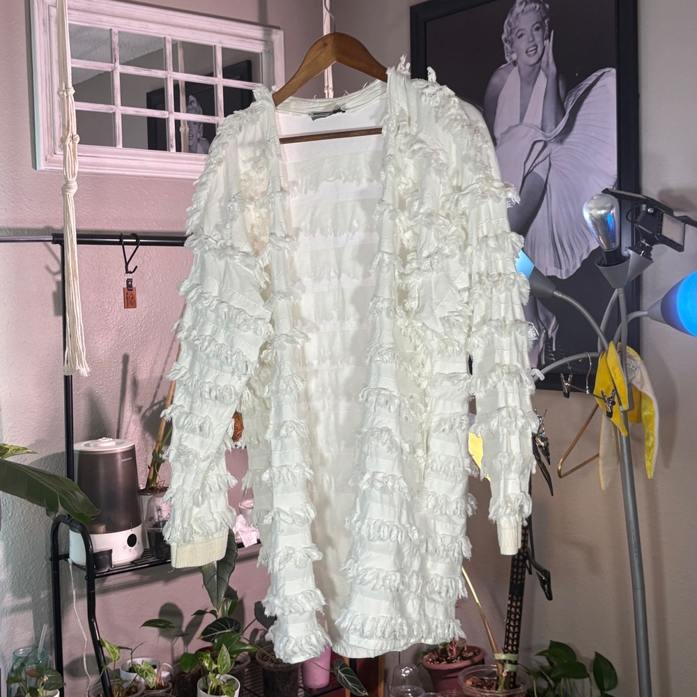 Rush Hour Fringe Cardigan Women Size M White  Longline‎ Textured Open Front